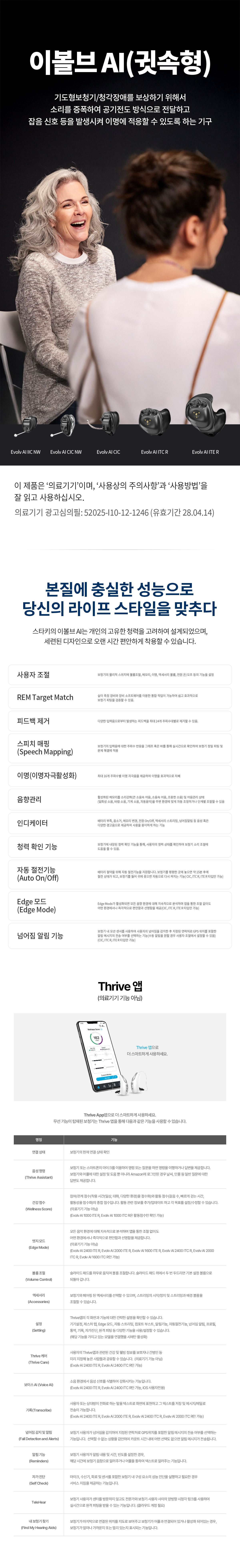 기도형보청기/청각장애를 보상하기 위해서 소리를 증폭하여 공기전도 방식으로 전달하고 잡음 신호 등을 발생시켜 이명에 적응할 수 있도록 하는 기구 이 제품은 '의료기기'이며, '사용상의 주의사항'과 '사용방법'을 잘 읽고 사용하십시오
								의료기기 광고심의필 : 52025-I10-12-1246 (유효기간 28.04.14)